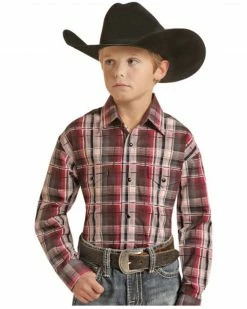 Panhandle Boys' Plaid Print Long Sleeve Snap Western Shirt Maroon