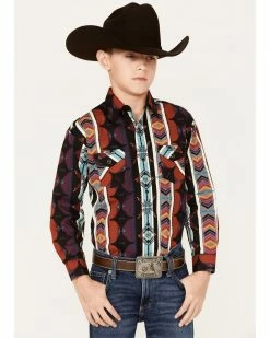 Panhandle Boys' Southwestern Stripe Print Long Sleeve Snap Western Shirt Black