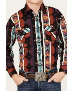Panhandle Boys' Southwestern Stripe Print Long Sleeve Snap Western Shirt Black -Panhandle shop 2000375112 001 P3
