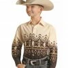 Panhandle Boys' Steer Head Southwestern Border Print Long Sleeve Snap Shirt Natural -Panhandle shop 2000375113 101 P1