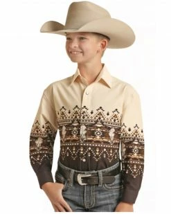 Panhandle Boys' Steer Head Southwestern Border Print Long Sleeve Snap Shirt Natural