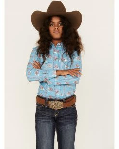 Panhandle Girls' Rodeo Print Long Sleeve Western Snap Shirt Blue