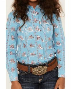 Panhandle Girls' Rodeo Print Long Sleeve Western Snap Shirt Blue -Panhandle shop 2000375123 400 P3
