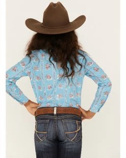 Panhandle Girls' Rodeo Print Long Sleeve Western Snap Shirt Blue -Panhandle shop 2000375123 400 P4