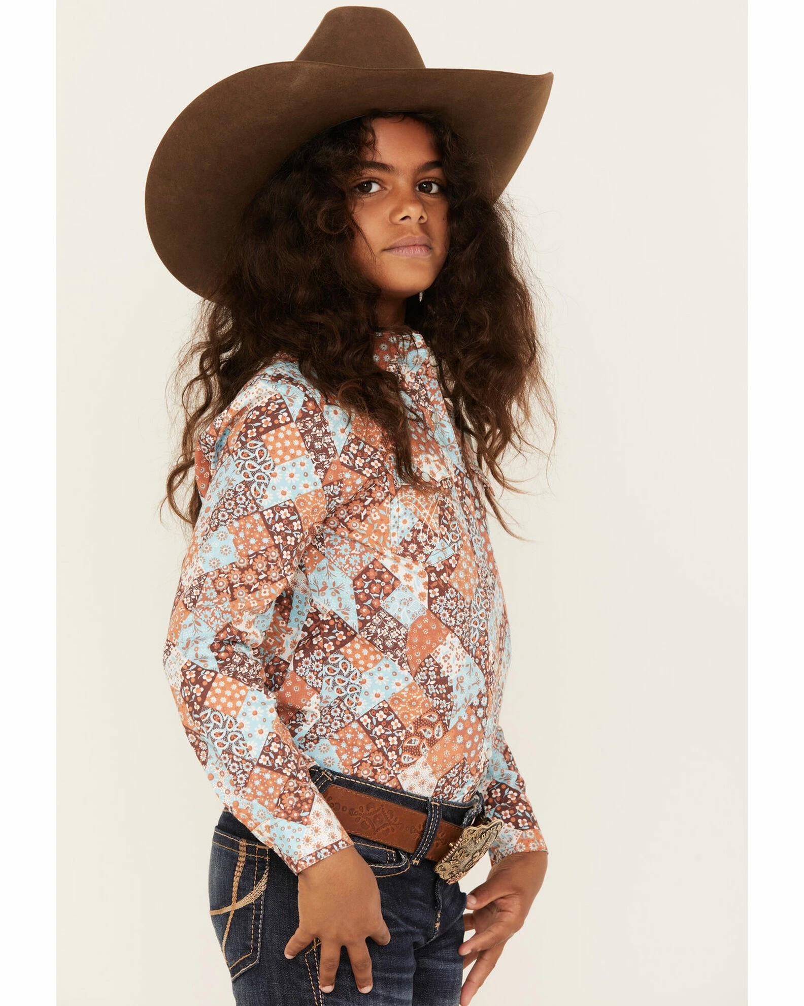 Panhandle Girls' Paisley Patchwork Print Long Sleeve Snap Shirt Turquoise 4 Panhandle Girls' Paisley Patchwork Print Long Sleeve Snap Shirt Turquoise - Image 2