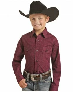 Panhandle Boys' Geo Print Long Sleeve Snap Western Shirt Maroon