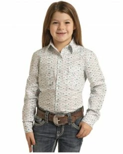 Panhandle Girls' Steer Head Print Long Sleeve Snap Shirt White