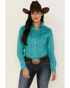 Panhandle Women's Paisley Print Long Sleeve Snap Stretch Western Shirt Turquoise