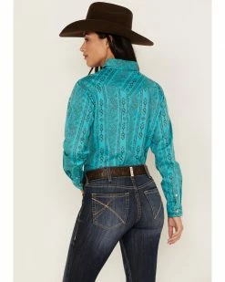 Panhandle Women's Paisley Print Long Sleeve Snap Stretch Western Shirt Turquoise -Panhandle shop 2000375611 440 P4