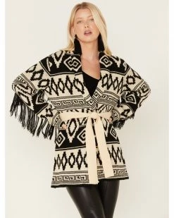 Panhandle Women's Southwestern Knit Fringe Cardigan Black/white