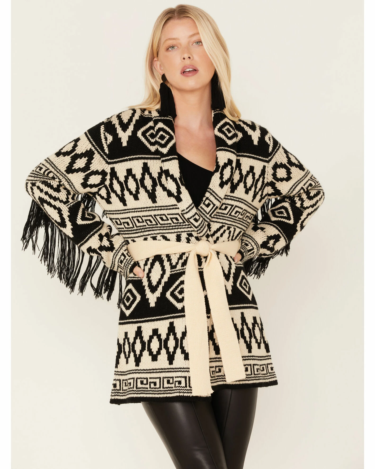 Panhandle Women's Southwestern Knit Fringe Cardigan Black/white 1 Panhandle Women's Southwestern Knit Fringe Cardigan Black/white