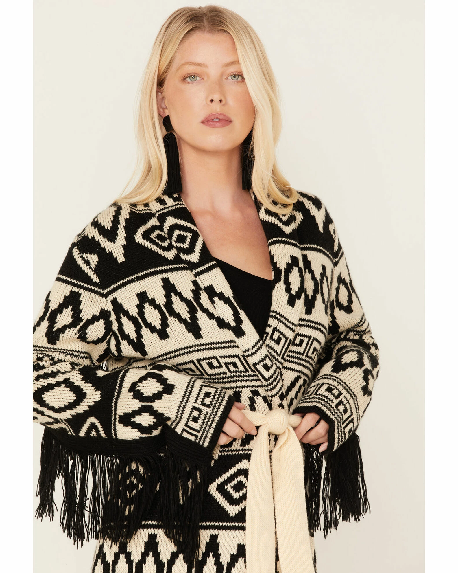 Panhandle Women's Southwestern Knit Fringe Cardigan Black/white 2 Panhandle Women's Southwestern Knit Fringe Cardigan Black/white - Image 2