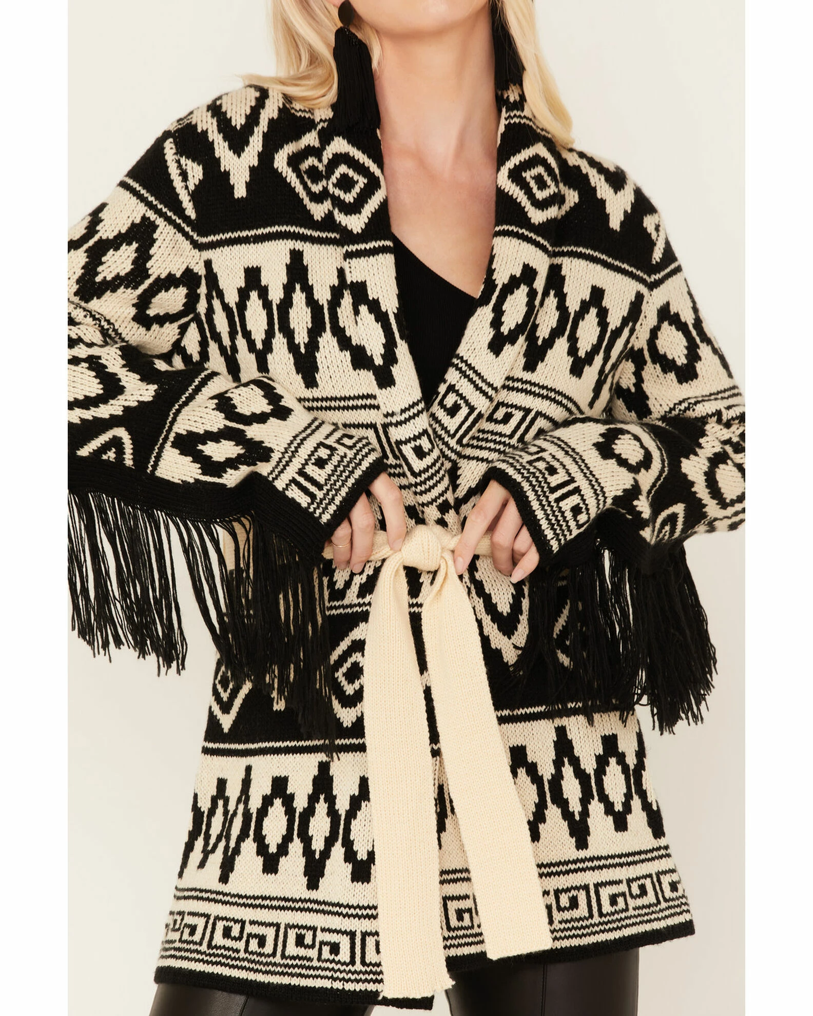 Panhandle Women's Southwestern Knit Fringe Cardigan Black/white 3 Panhandle Women's Southwestern Knit Fringe Cardigan Black/white - Image 3