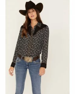 Panhandle Women's Retro Floral Print Long Sleeve Snap Western Shirt Black