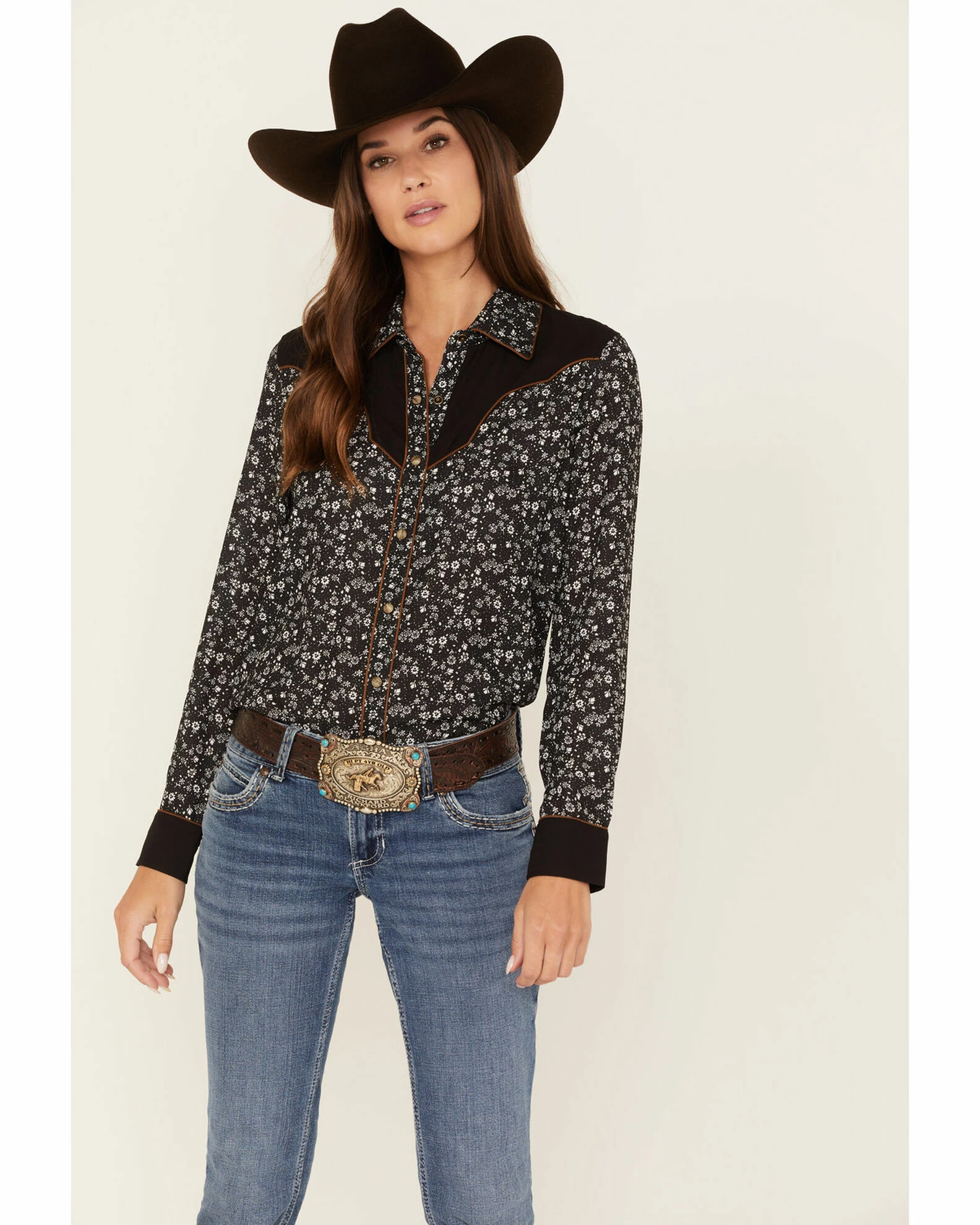 Panhandle Women's Retro Floral Print Long Sleeve Snap Western Shirt Black 3 Panhandle Women's Retro Floral Print Long Sleeve Snap Western Shirt Black