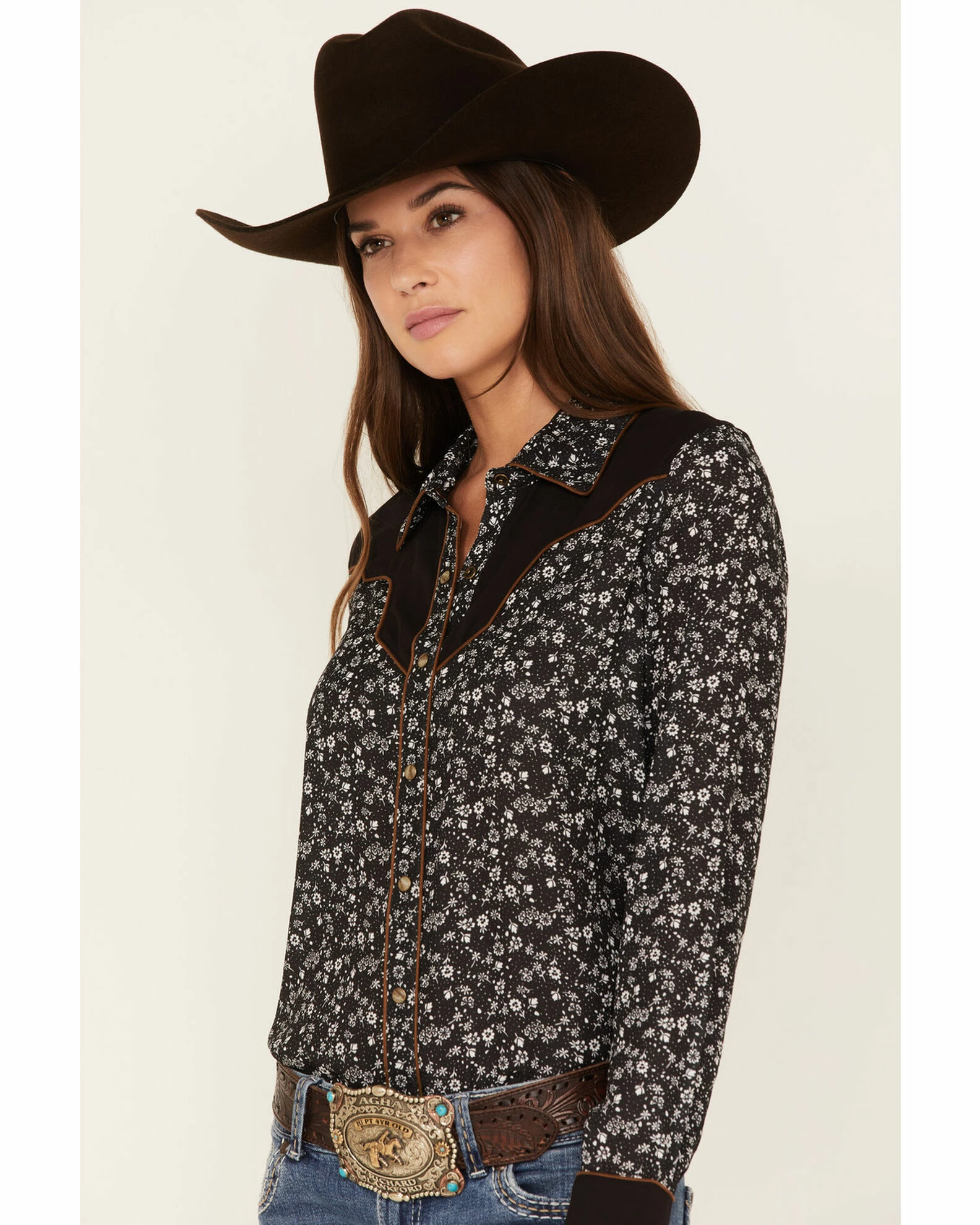 Panhandle Women's Retro Floral Print Long Sleeve Snap Western Shirt Black 4 Panhandle Women's Retro Floral Print Long Sleeve Snap Western Shirt Black - Image 2