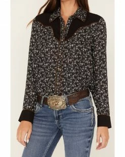 Panhandle Women's Retro Floral Print Long Sleeve Snap Western Shirt Black 9 Panhandle Women's Retro Floral Print Long Sleeve Snap Western Shirt Black -Panhandle shop 2000375659 001 P3