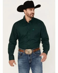 Panhandle Men's Select Geo Print Long Sleeve Button-Down Shirt Dark Green