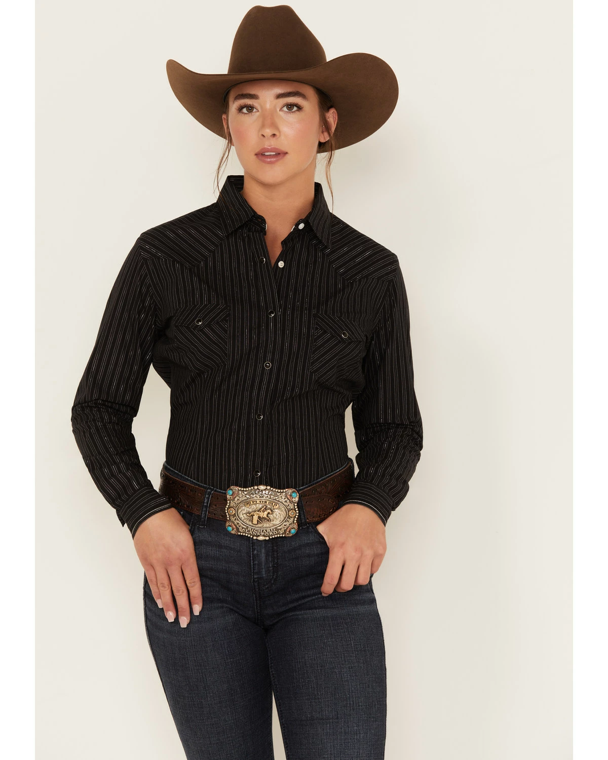 Panhandle Women's Rough Stock Lurex Stripe Long Sleeve Snap Western Shirt Black 7 Panhandle Women's Rough Stock Lurex Stripe Long Sleeve Snap Western Shirt Black - Image 5