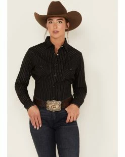 Panhandle Women's Rough Stock Lurex Stripe Long Sleeve Snap Western Shirt Black