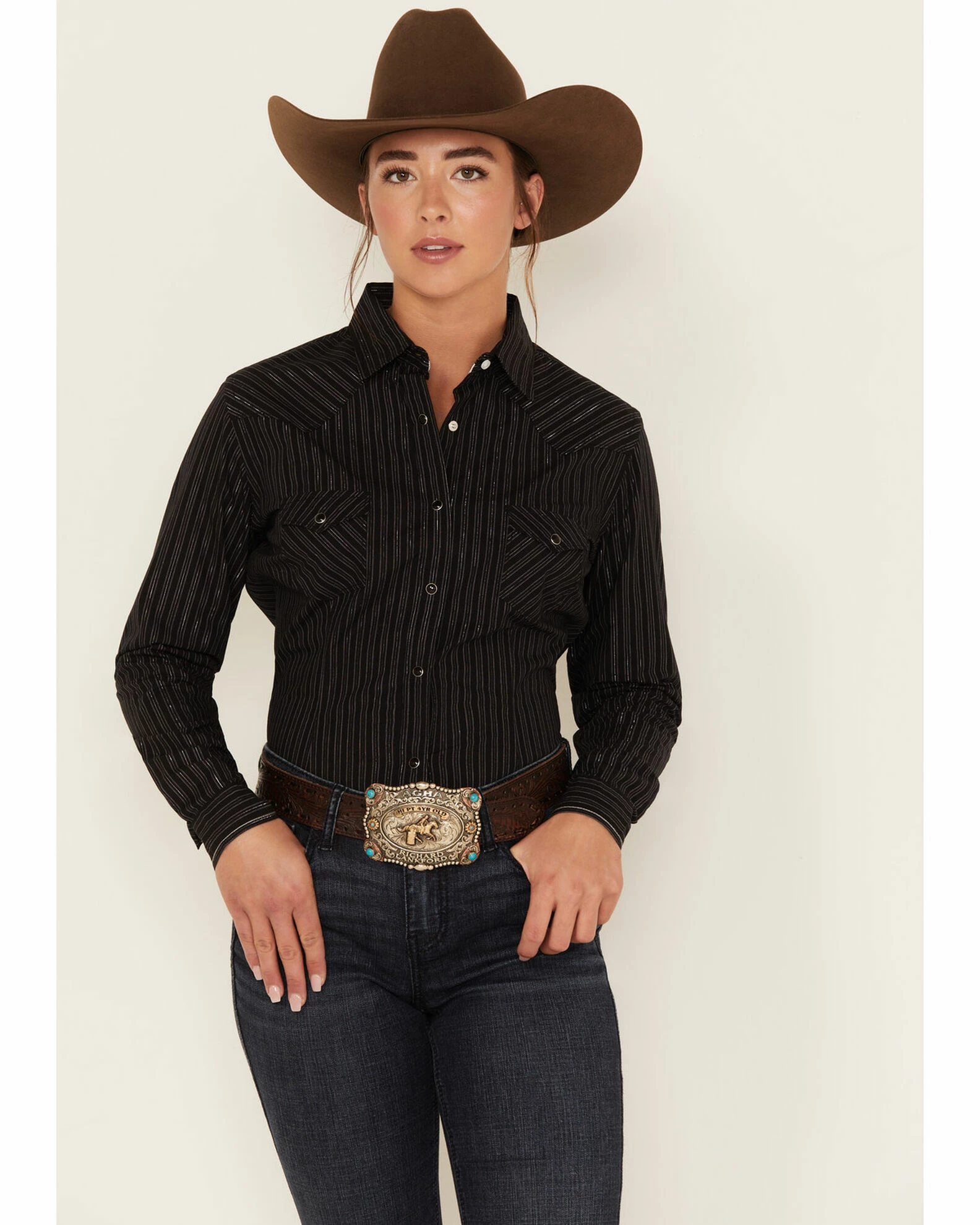 Panhandle Women's Rough Stock Lurex Stripe Long Sleeve Snap Western Shirt Black 3 Panhandle Women's Rough Stock Lurex Stripe Long Sleeve Snap Western Shirt Black