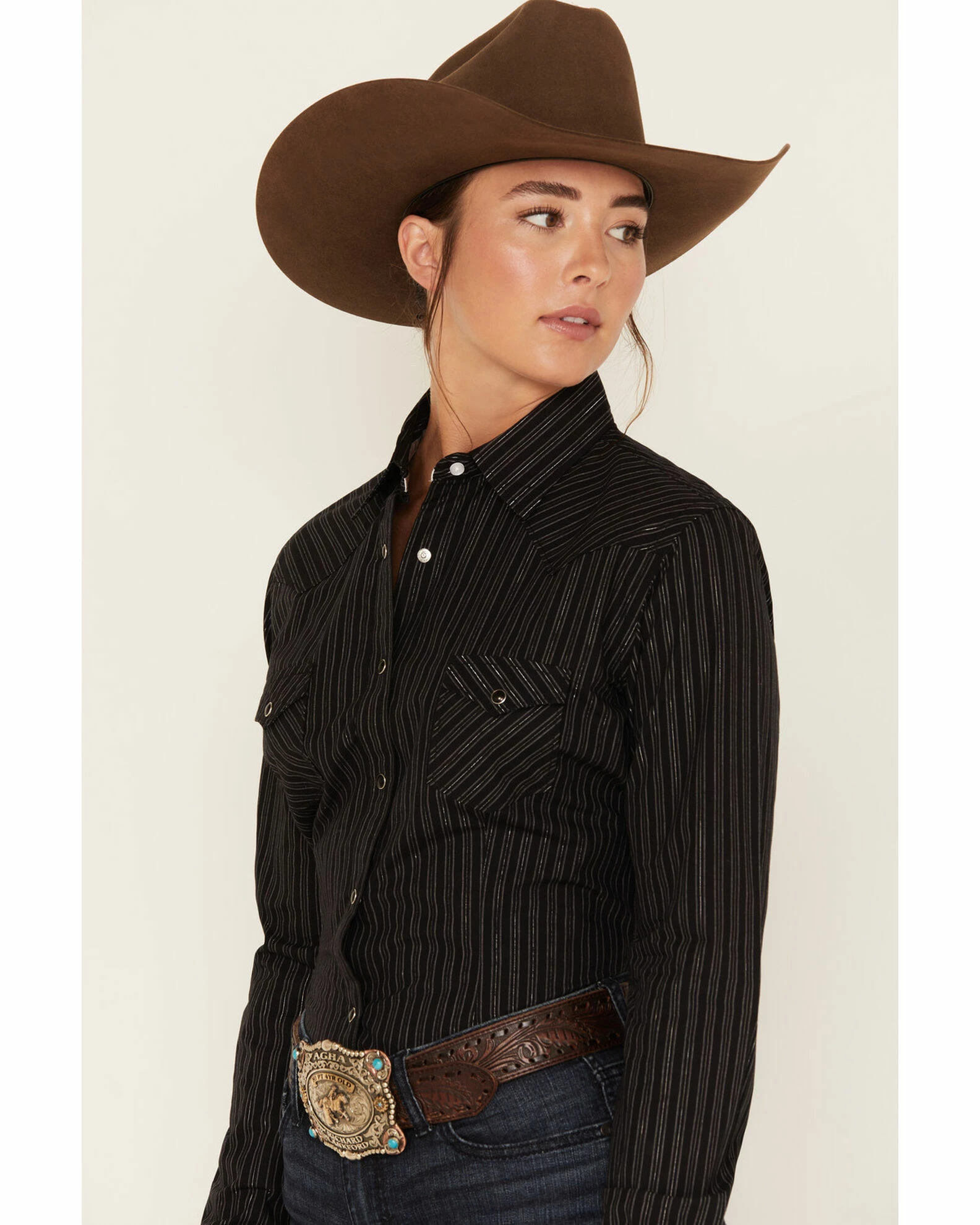 Panhandle Women's Rough Stock Lurex Stripe Long Sleeve Snap Western Shirt Black 4 Panhandle Women's Rough Stock Lurex Stripe Long Sleeve Snap Western Shirt Black - Image 2