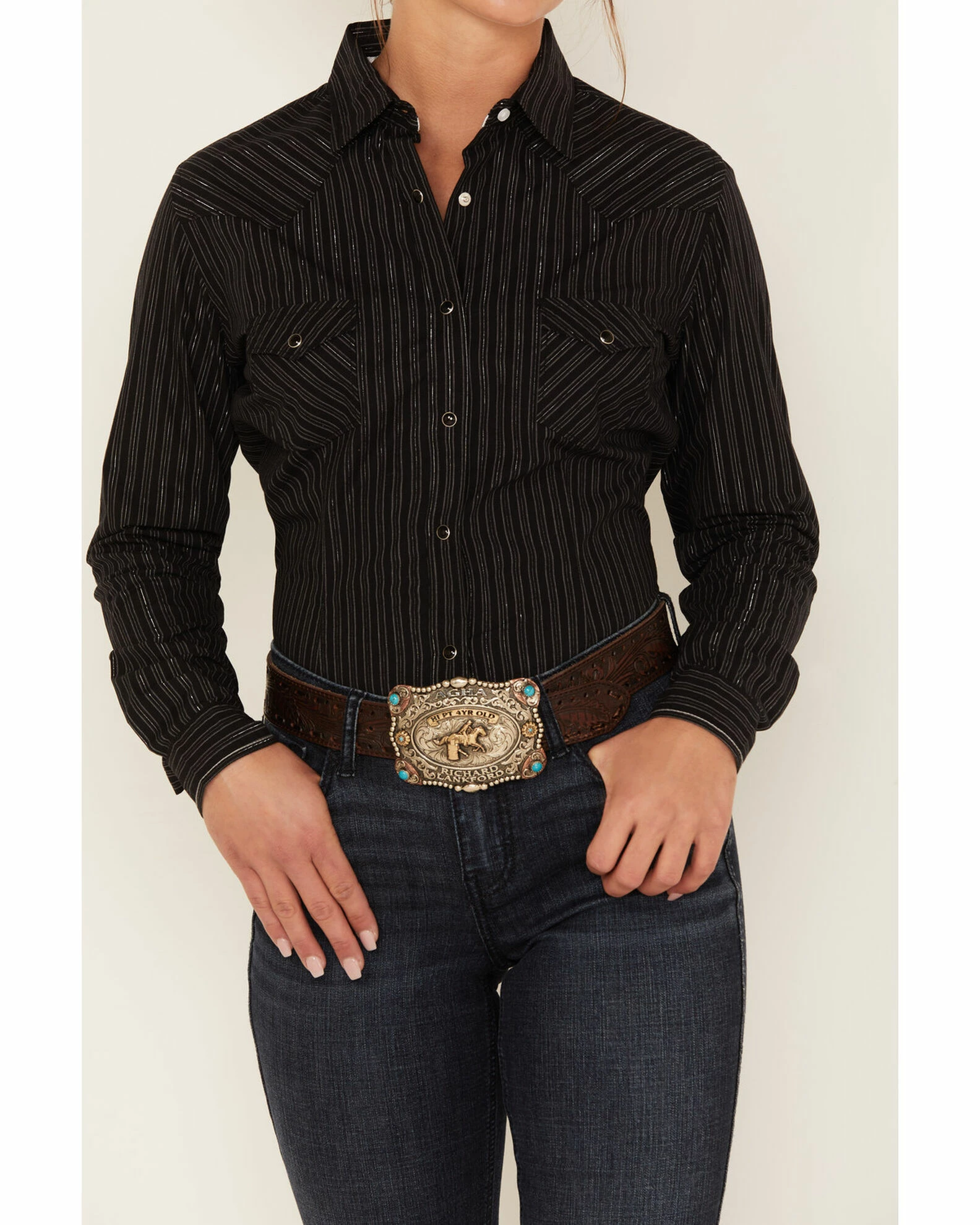 Panhandle Women's Rough Stock Lurex Stripe Long Sleeve Snap Western Shirt Black 5 Panhandle Women's Rough Stock Lurex Stripe Long Sleeve Snap Western Shirt Black - Image 3