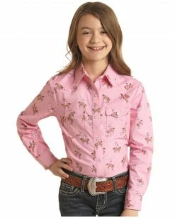 Panhandle Girls' Roper Print Long Sleeve Snap Western Shirt Pink