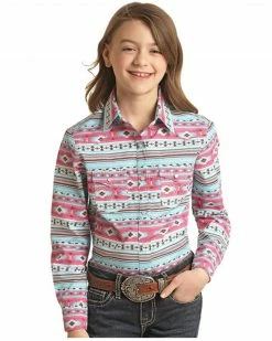 Panhandle Girls' Southwestern Striped Long Sleeve Snap Western Shirt Turquoise