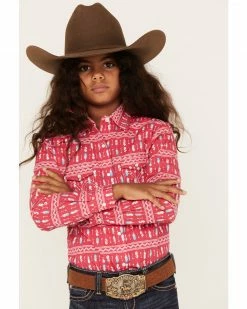 Panhandle Girls' Striped Feather Print Long Sleeve Snap Western Shirt Pink