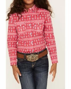 Panhandle Girls' Striped Feather Print Long Sleeve Snap Western Shirt Pink -Panhandle shop 2000381263 650 P3