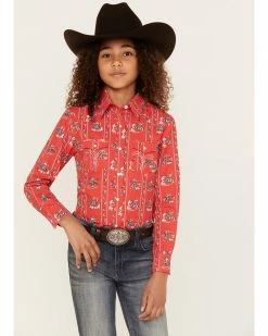 Panhandle Girls' Striped Cowboy Print Long Sleeve Snap Western Shirt Red