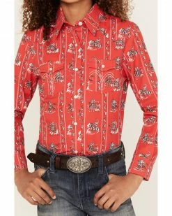 Panhandle Girls' Striped Cowboy Print Long Sleeve Snap Western Shirt Red -Panhandle shop 2000381264 600 P3