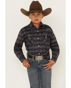 Panhandle Boys' Southwestern Print Long Sleeve Snap Western Shirt Navy