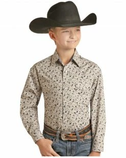 Panhandle Pandhandle Boys' Floral Print Long Sleeve Snap Western Shirt Beige/khaki