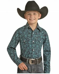 Panhandle Boys' Paisley Print Long Sleeve Snap Western Shirt Navy