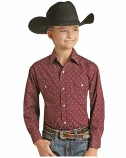 Panhandle Boys' Geo Print Long Sleeve Snap Western Shirt Burgundy