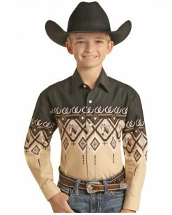 Panhandle Boys' Steers Scenic Border Print Long Sleeve Pearl Snap Western Shirt Taupe