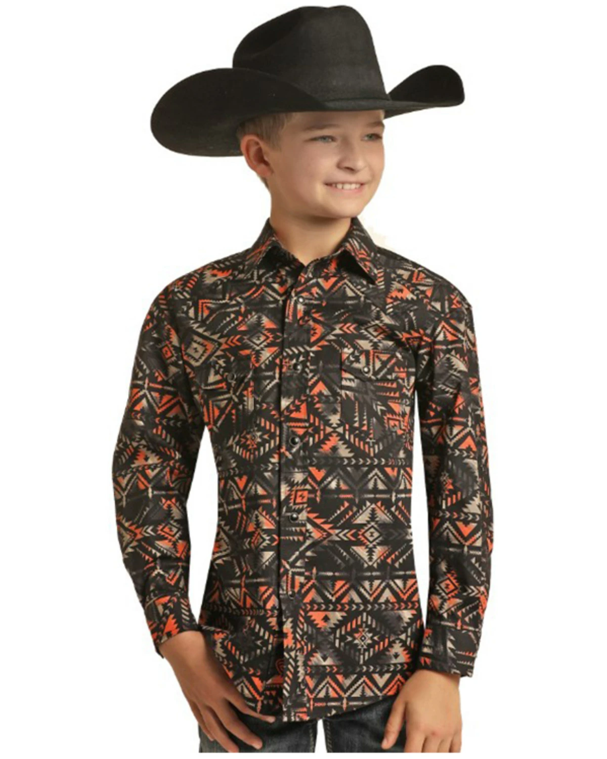Panhandle Boys' Black & Peach Southwest Print Long Sleeve Snap Shirt 4 Panhandle Boys' Black & Peach Southwest Print Long Sleeve Snap Shirt - Image 2