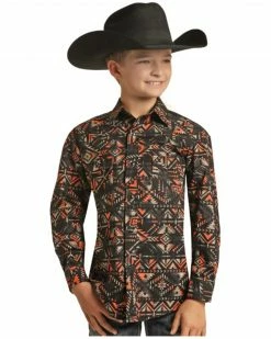 Panhandle Boys' Black & Peach Southwest Print Long Sleeve Snap Shirt
