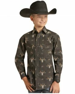 Panhandle Boys' Steerhead Print Long Sleeve Snap Western Shirt Black